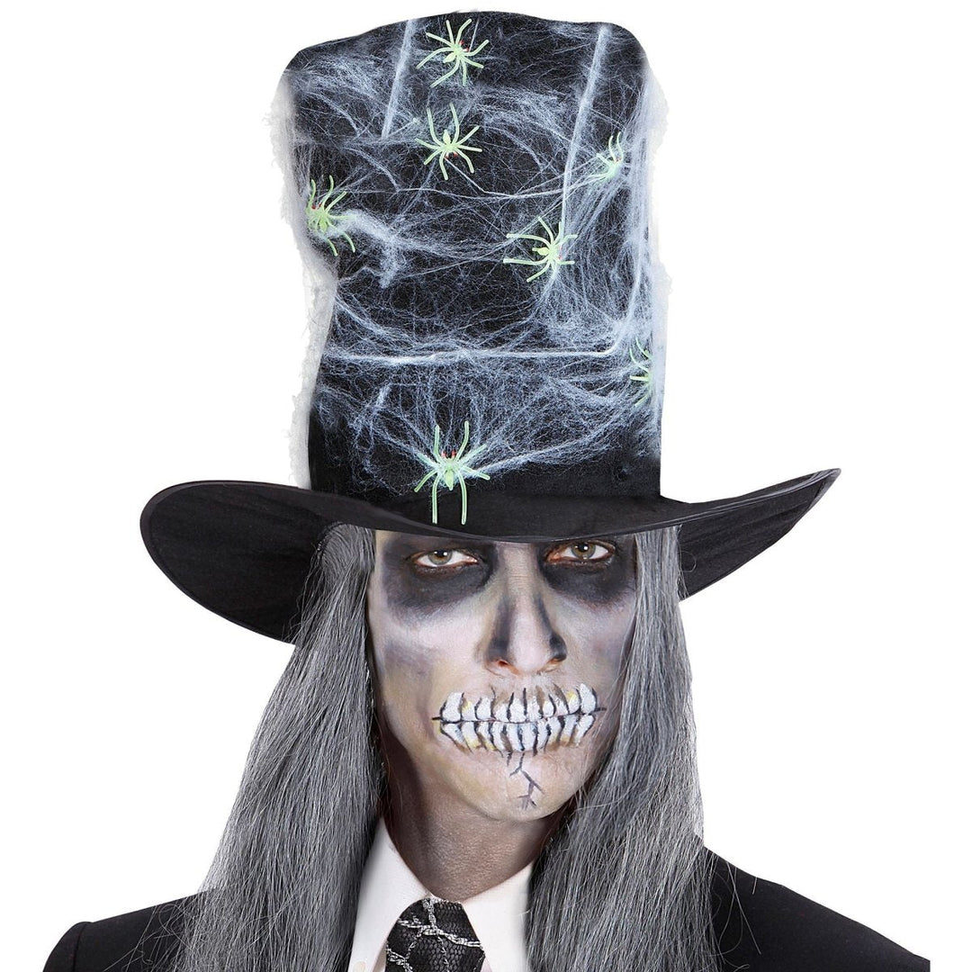 Halloween Zylinderhut | Schwarzer Hut mit Spinnennetz und Spinnen für Halloween-Kostüme und Mottopartys
