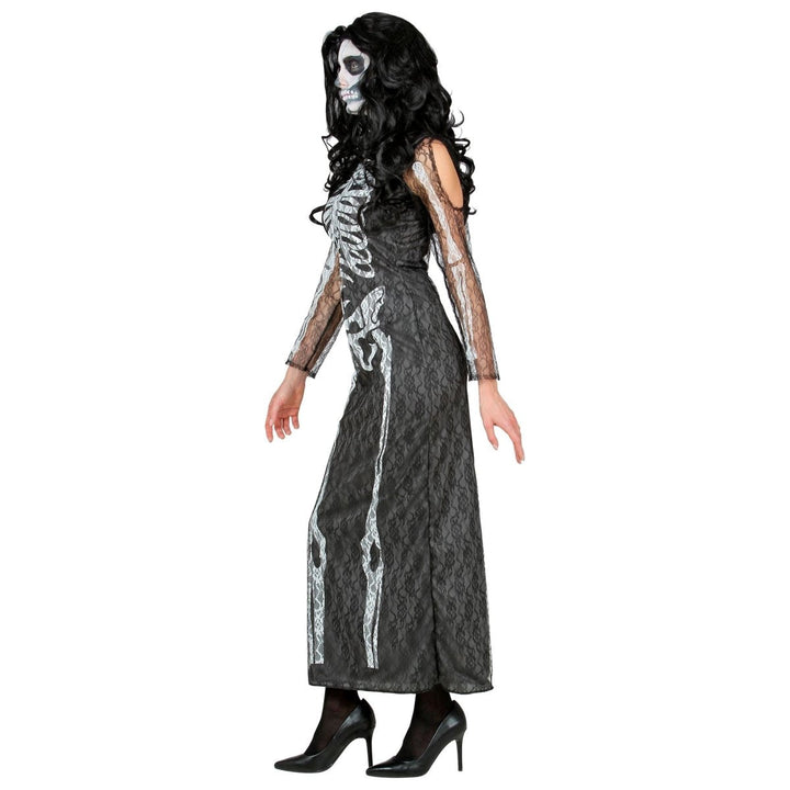 Skelett Kleid Damen lang | Schwarzes Halloween-Kostüm mit Spitzenkleid für Halloween- und Mottopartys