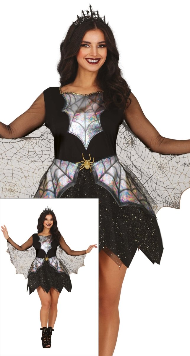 Spinnen Kostüm Damen | Halloween-Kostüm mit Spinnweben-Kleid und Flügeln für Halloween- und Mottopartys