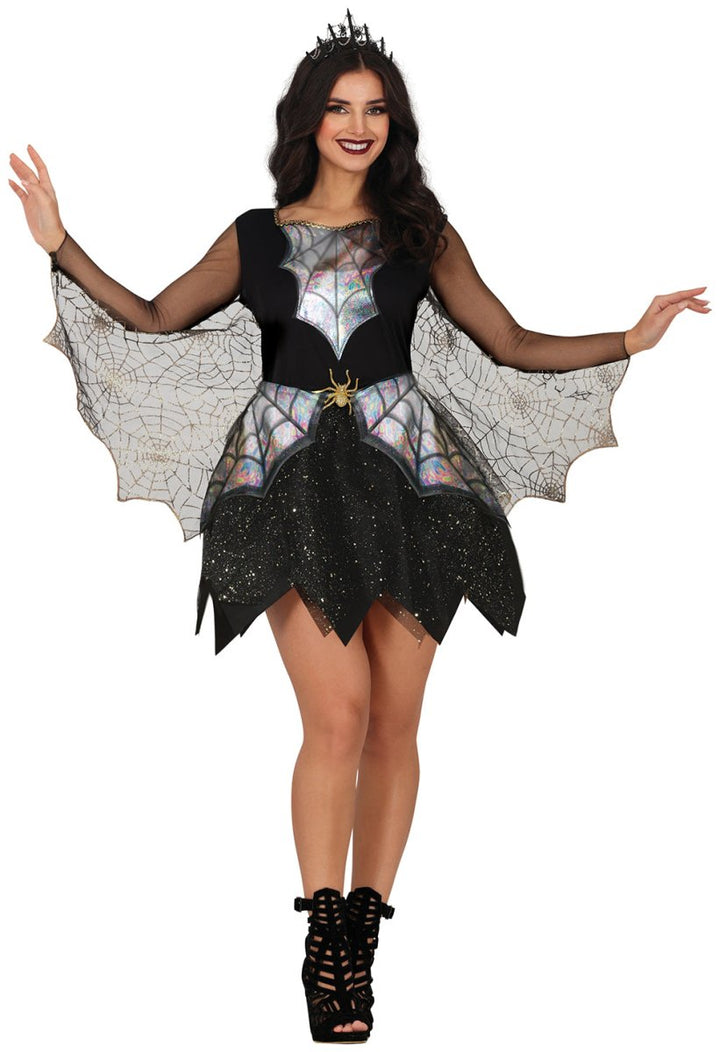 Spinnen Kostüm Damen | Halloween-Kostüm mit Spinnweben-Kleid und Flügeln für Halloween- und Mottopartys