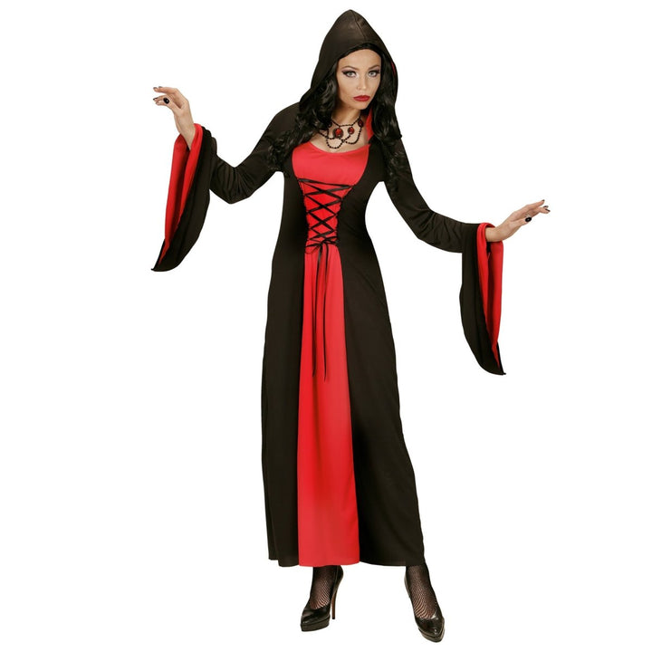 Damen Halloween Kleid Rot Schwarz | Gothic Kostüm mit Kapuze für Halloween, Horrorparty und düstere Mottopartys