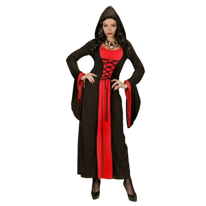 Damen Halloween Kleid Rot Schwarz | Gothic Kostüm mit Kapuze für Halloween, Horrorparty und düstere Mottopartys