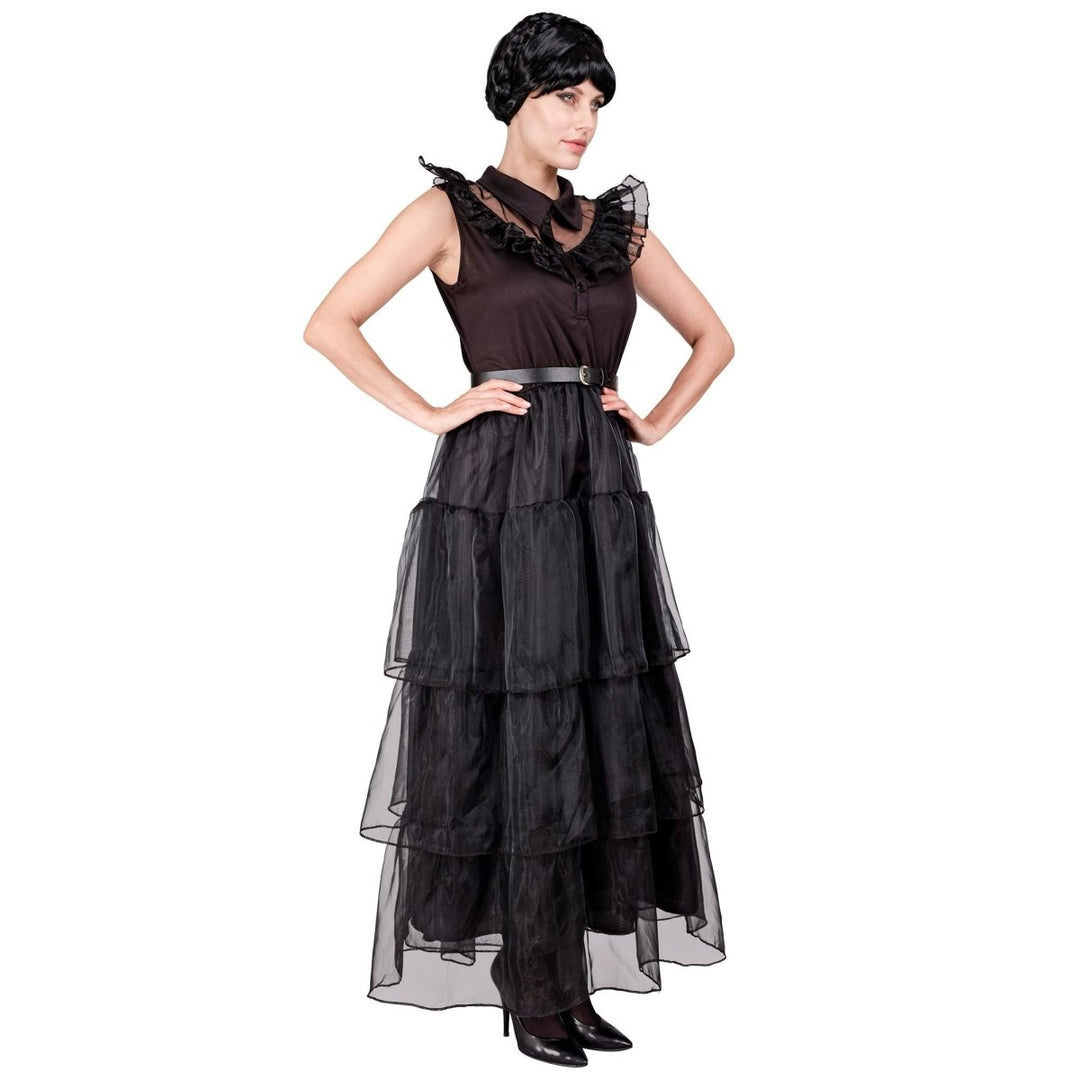 Gothic Kleid Damen | Schwarzes Halloween-Kostüm mit Gürtel für Gothic-Verkleidung und Mottopartys