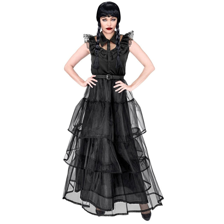 Gothic Kleid Damen | Schwarzes Halloween-Kostüm mit Gürtel für Gothic-Verkleidung und Mottopartys
