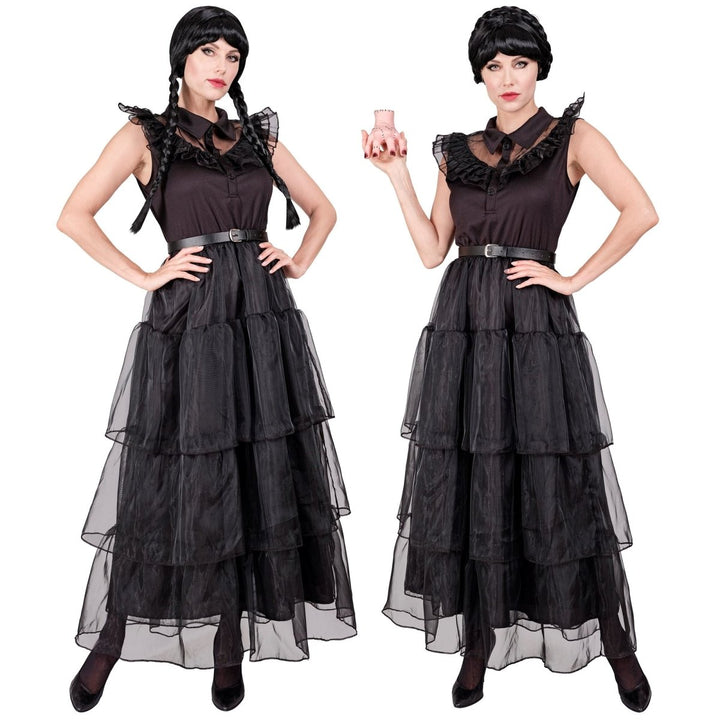 Gothic Kleid Damen | Schwarzes Halloween-Kostüm mit Gürtel für Gothic-Verkleidung und Mottopartys