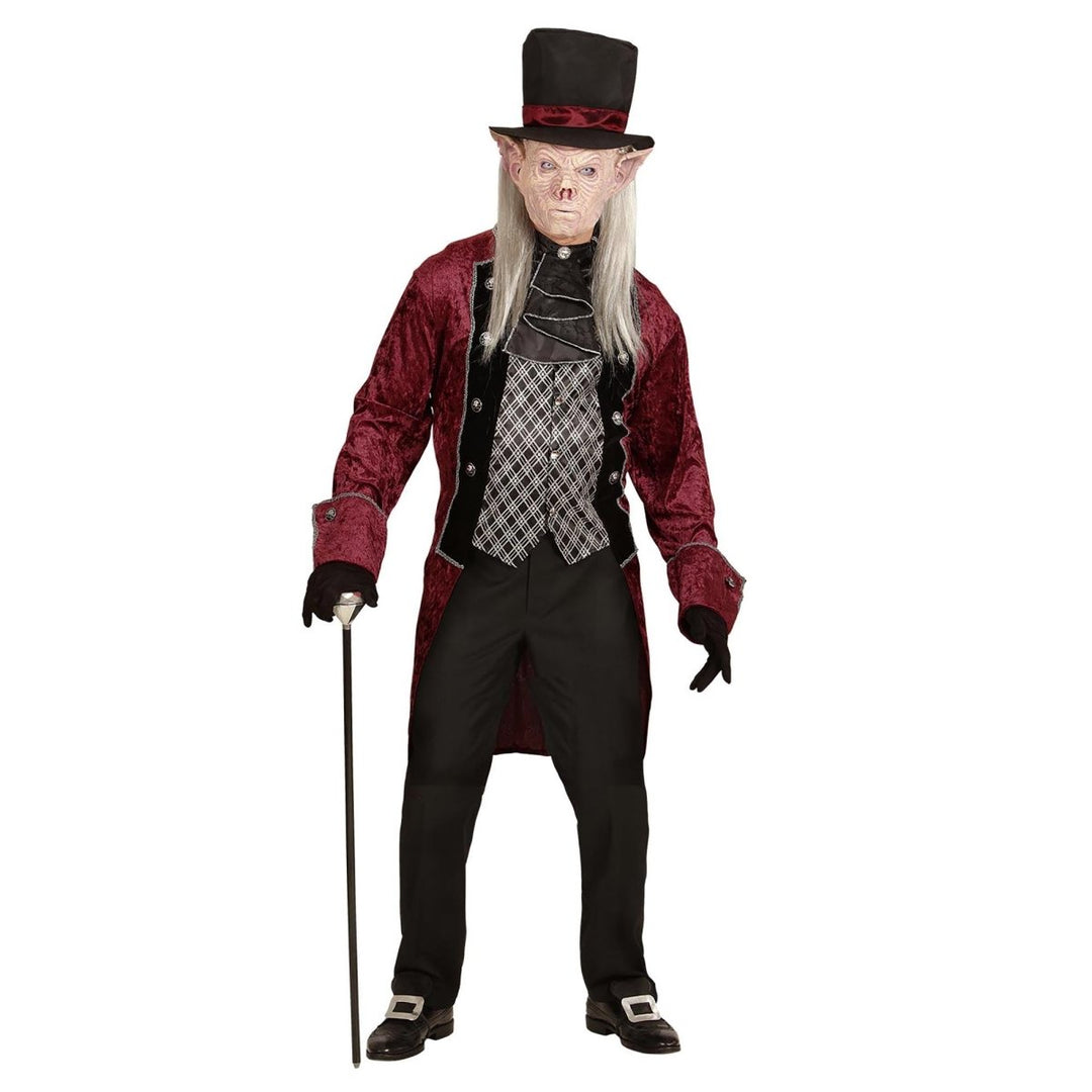 Herren Vampir Kostüm Bordeaux Rot | 4-teiliges Halloween Kostüm mit Jacke, Weste, Jabot, Handschuhen und Hut