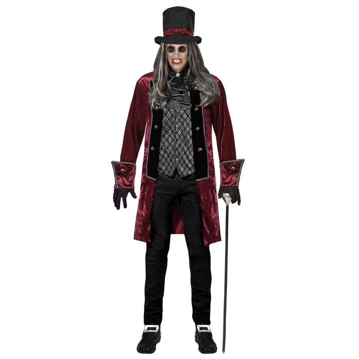 Herren Vampir Kostüm Bordeaux Rot | 4-teiliges Halloween Kostüm mit Jacke, Weste, Jabot, Handschuhen und Hut