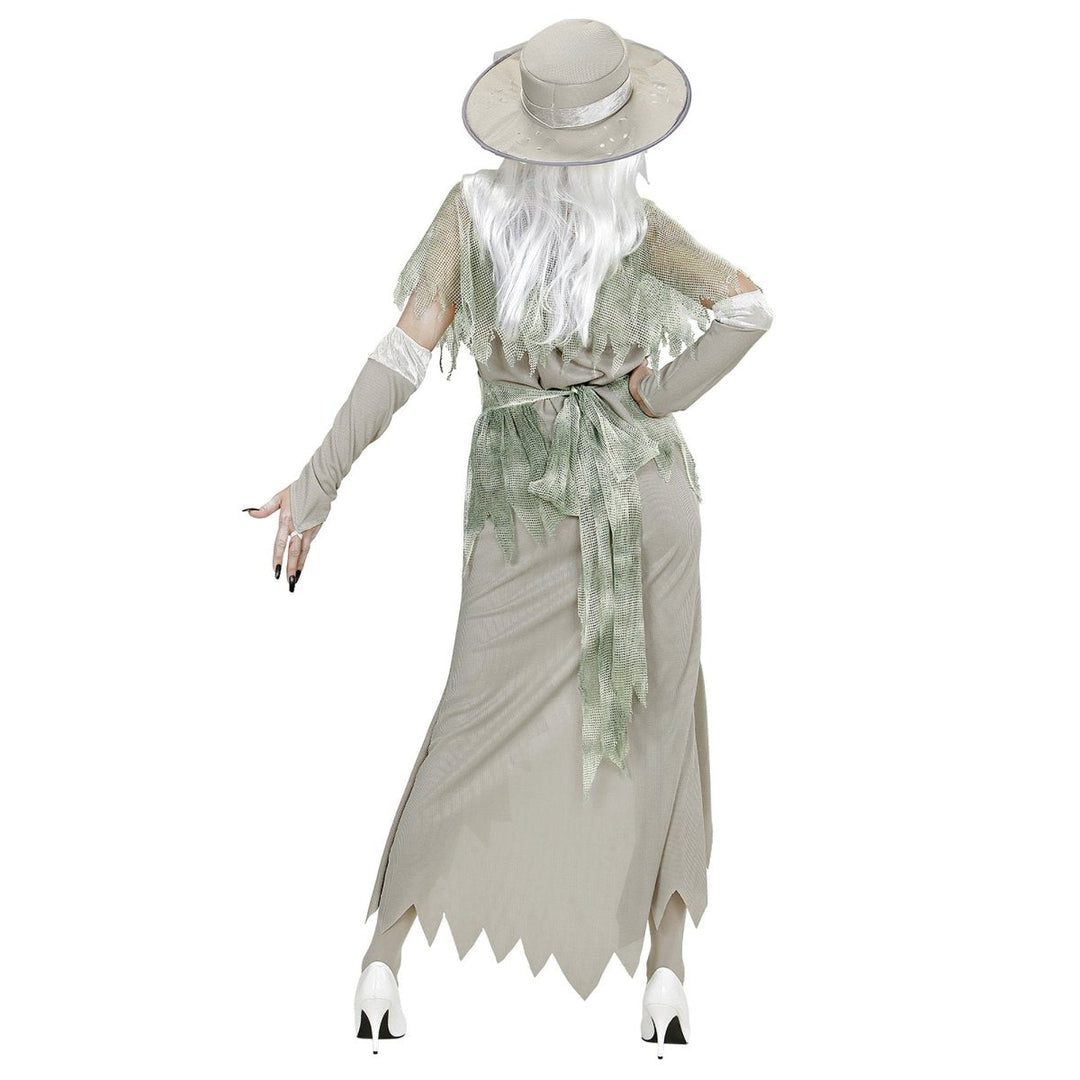 Geist Kostüm Damen | 5-teiliges graues Halloween-Kostüm mit Kleid, Umhang, Handschuhen und Hut mit Schleier
