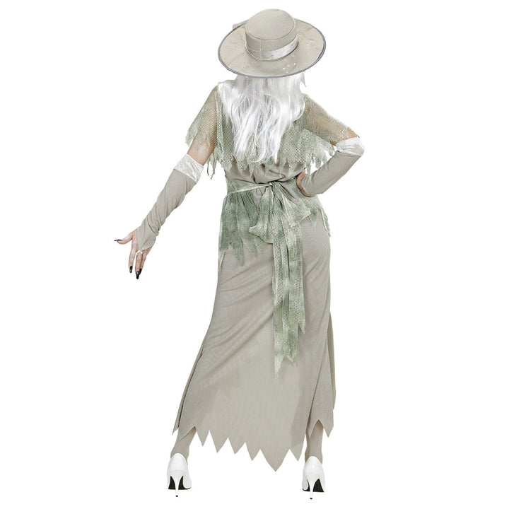 Geist Kostüm Damen | 5-teiliges graues Halloween-Kostüm mit Kleid, Umhang, Handschuhen und Hut mit Schleier