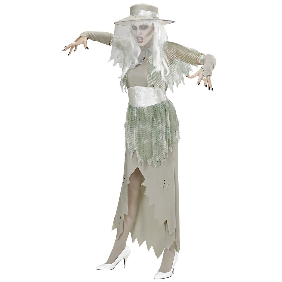 Geist Kostüm Damen | 5-teiliges graues Halloween-Kostüm mit Kleid, Umhang, Handschuhen und Hut mit Schleier