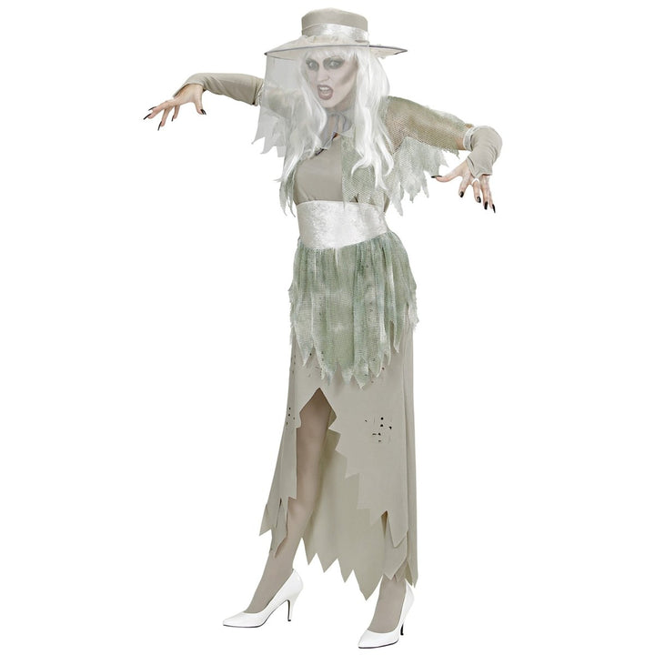 Geist Kostüm Damen | 5-teiliges graues Halloween-Kostüm mit Kleid, Umhang, Handschuhen und Hut mit Schleier