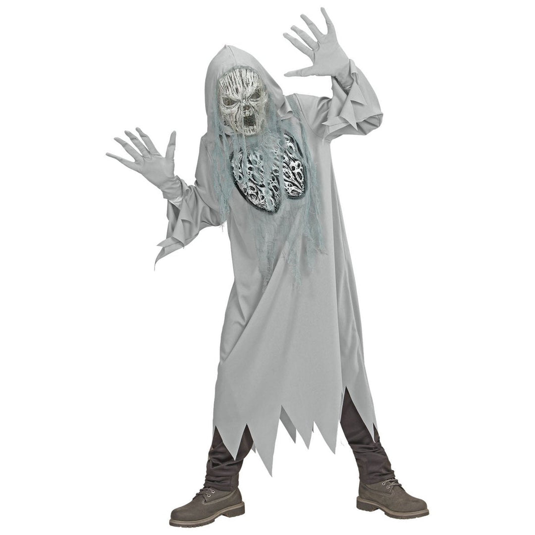 Geist Kostüm Kinder | Graues Halloween-Kostüm mit Kapuzengewand, Maske und Handschuhen für Halloween-Partys