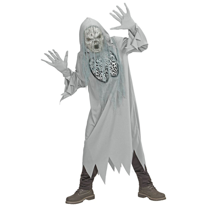 Geist Kostüm Kinder | Graues Halloween-Kostüm mit Kapuzengewand, Maske und Handschuhen für Halloween-Partys