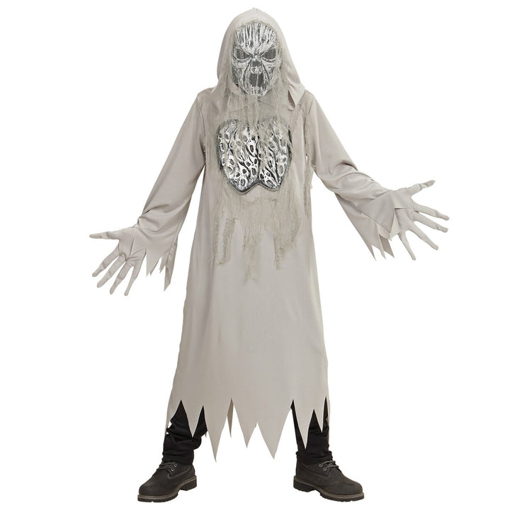 Geist Kostüm Kinder | Graues Halloween-Kostüm mit Kapuzengewand, Maske und Handschuhen für Halloween-Partys