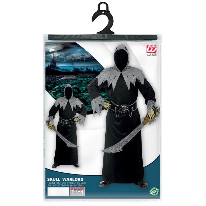 Herren Warlord Kostüm Schwarz | 3-teiliges Halloween Kostüm mit Kapuzengewand, Gesichtsmaske und Totenkopf-Gürtel