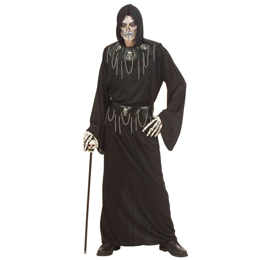 Herren Halloween Kostüm Totenkopf | 3-teiliges Meister Kostüm mit Kapuzengewand, Halskette und Totenkopf-Gürtel
