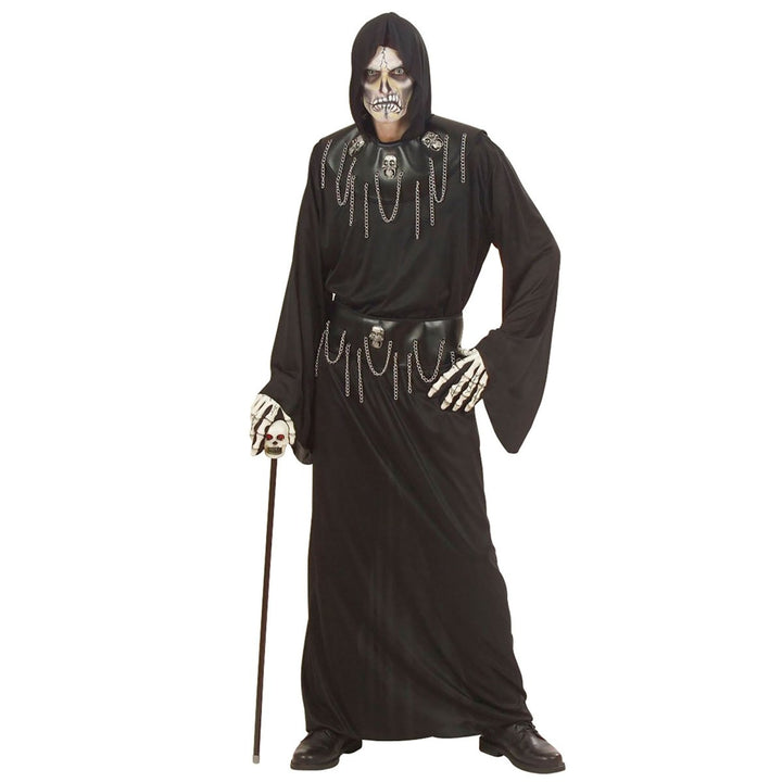 Herren Halloween Kostüm Totenkopf | 3-teiliges Meister Kostüm mit Kapuzengewand, Halskette und Totenkopf-Gürtel