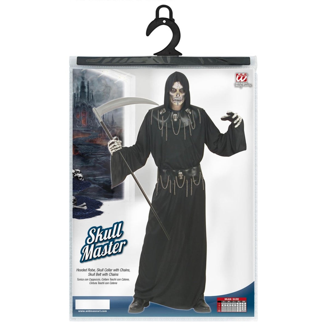 Herren Halloween Kostüm Totenkopf | 3-teiliges Meister Kostüm mit Kapuzengewand, Halskette und Totenkopf-Gürtel
