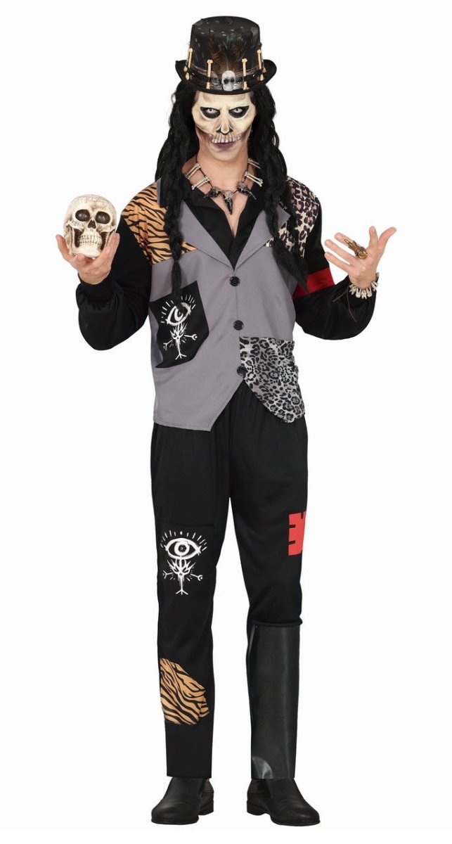Herren Voodoo Kostüm Schwarz Grau | 4-teiliges Halloween Kostüm mit Hemd, Weste, Hose und Armband für Mottopartys