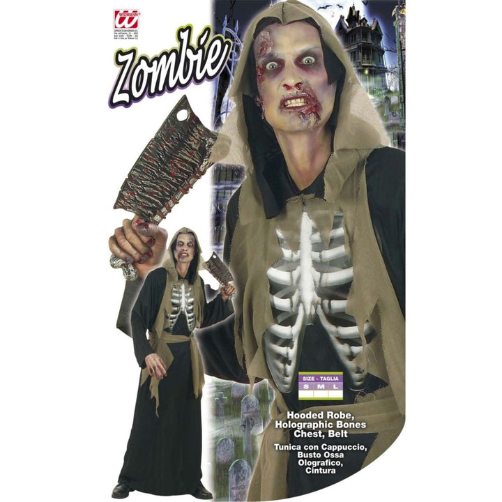 Herren Zombie Kostüm | 3-teiliges Halloween Kostüm mit Kapuzengewand, holografischem Knochenmotiv und Gürtel