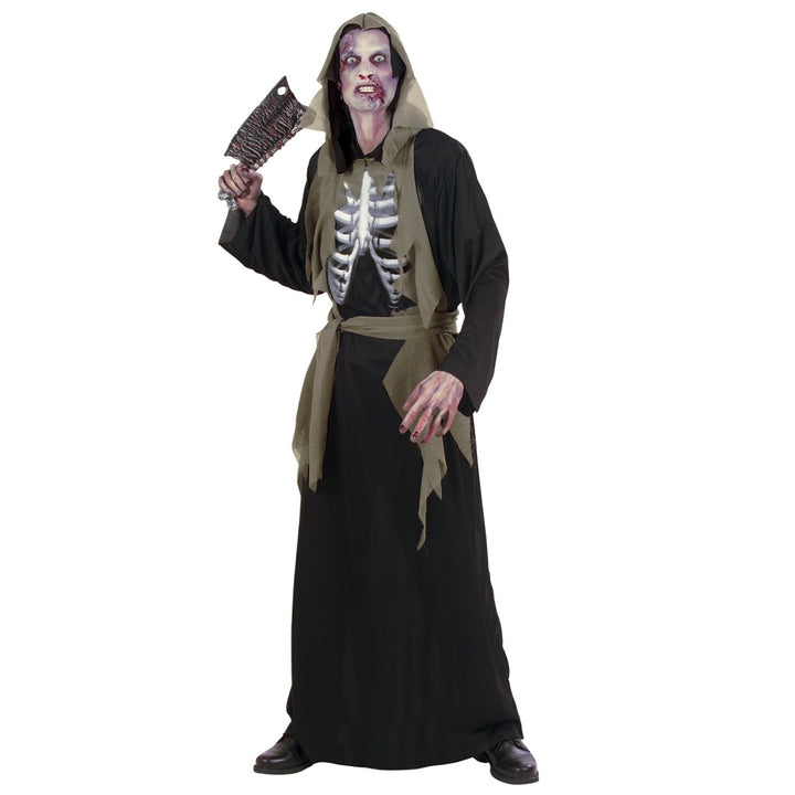 Herren Zombie Kostüm | 3-teiliges Halloween Kostüm mit Kapuzengewand, holografischem Knochenmotiv und Gürtel