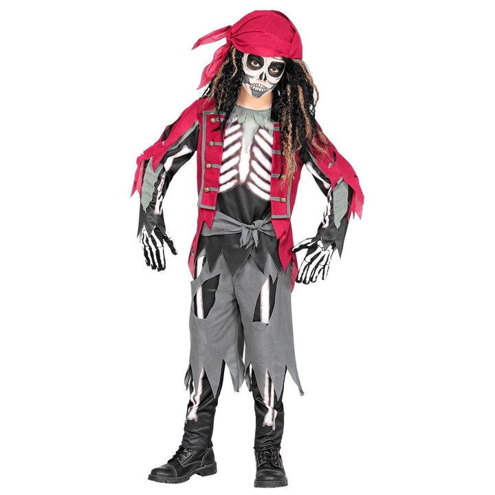 Pirat Kostüm Jungen | Halloween-Kostüm mit Skeletthemd, Weste, Hose, Gürtel und Kopftuch für Halloween-Partys