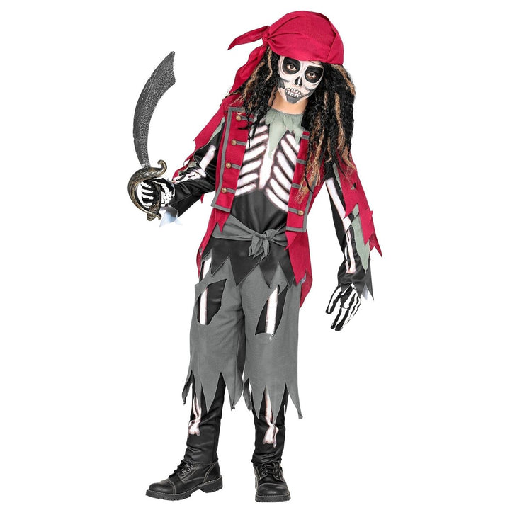 Pirat Kostüm Jungen | Halloween-Kostüm mit Skeletthemd, Weste, Hose, Gürtel und Kopftuch für Halloween-Partys