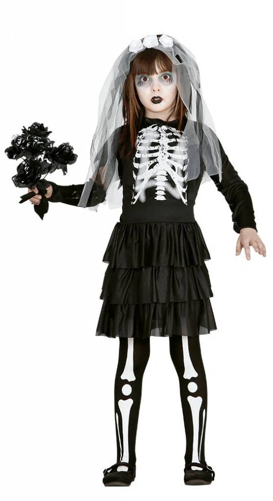 Skelett Kostüm Mädchen | Halloween-Kostüm mit Kleid, Ärmeln, Haarband und Strumpfhose für Halloween-Partys