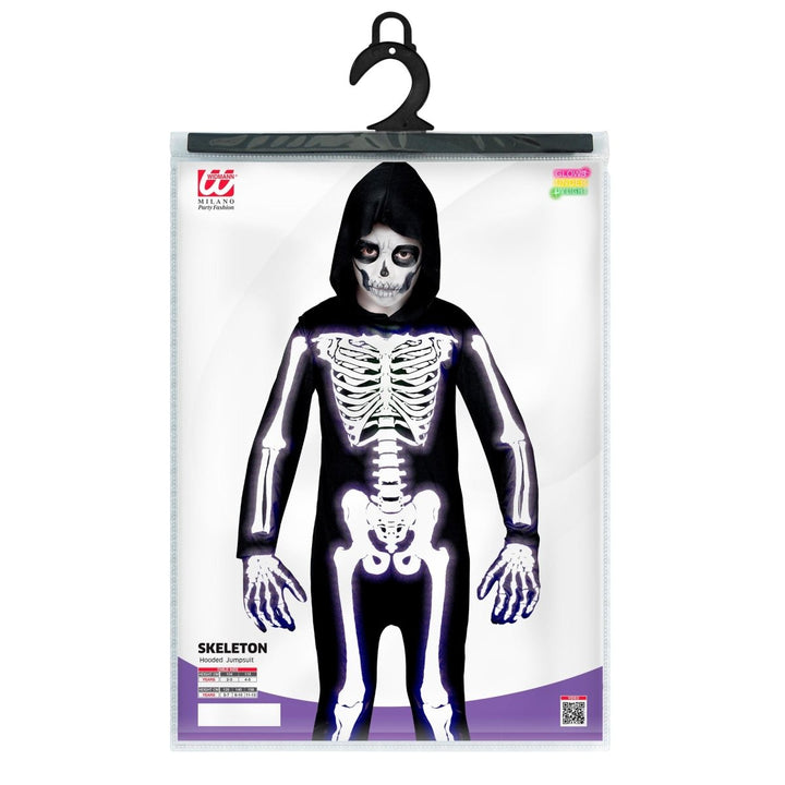 Skelett Kostüm Kinder 2 Stück | Schwarz-weißes Halloween-Kostüm mit Overall und Kapuze für Halloween-Partys