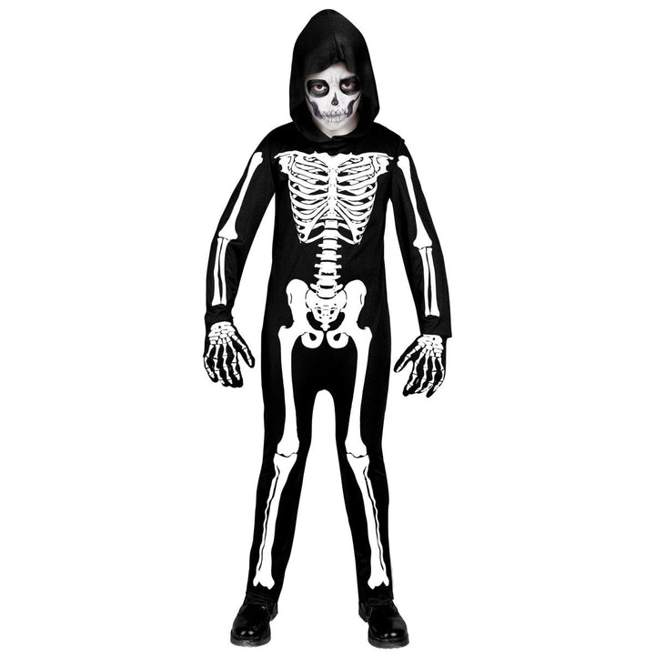 Skelett Kostüm Kinder 2 Stück | Schwarz-weißes Halloween-Kostüm mit Overall und Kapuze für Halloween-Partys