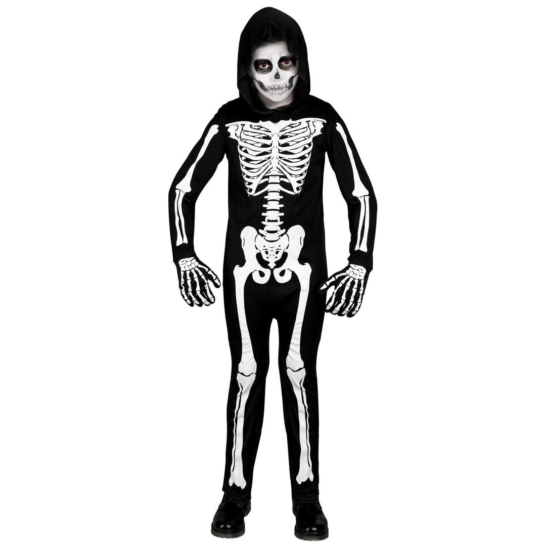 Skelett Kostüm Kinder 2 Stück | Schwarz-weißes Halloween-Kostüm mit Overall und Kapuze für Halloween-Partys