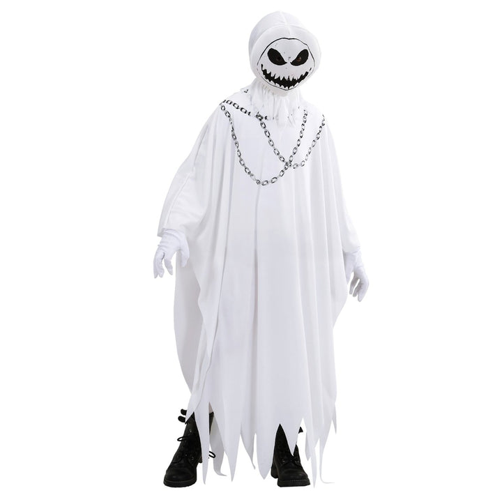 Geist Kostüm Kinder | Weißes Halloween-Kostüm mit Robe und Kapuzenmaske für Halloween- und Mottopartys