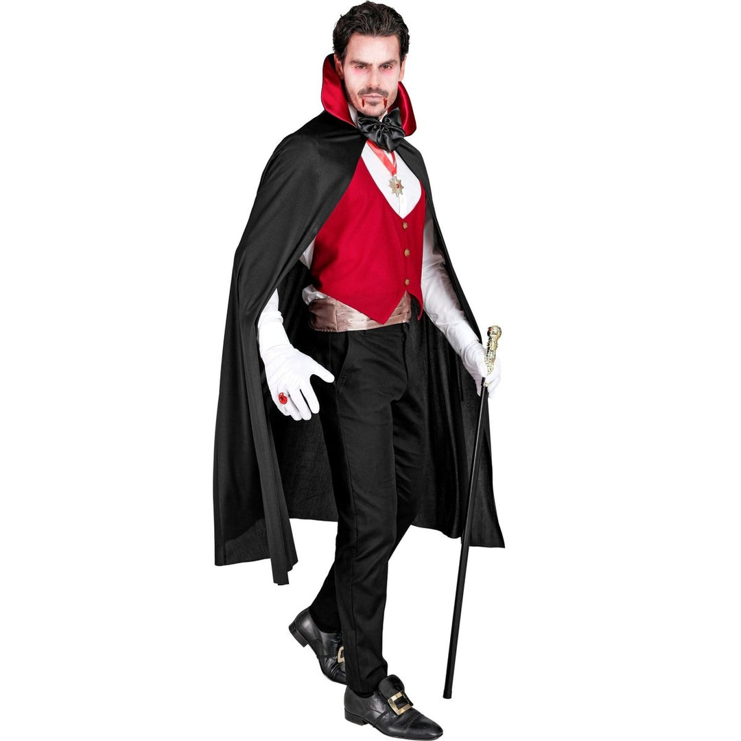 Vampir Kostüm Herren 4-teilig | Schwarz-rotes Halloween-Kostüm mit Weste, Bund, Fliege und Halskette