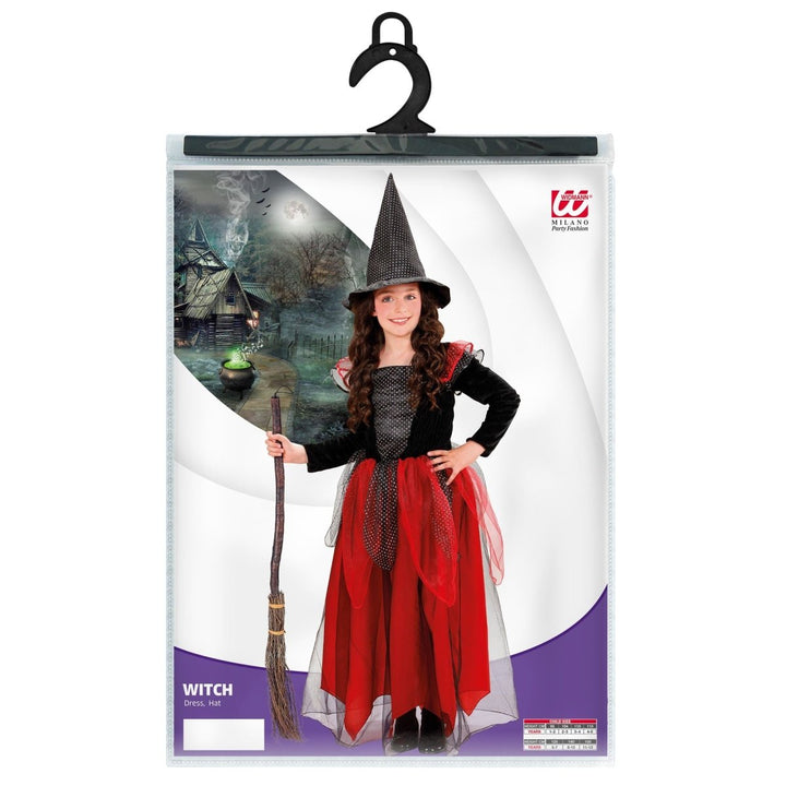 Kinder Hexenkostüm Schwarz Rot | 2-teiliges Halloween Kostüm mit Kleid und Hexenhut für Karneval und Mottopartys