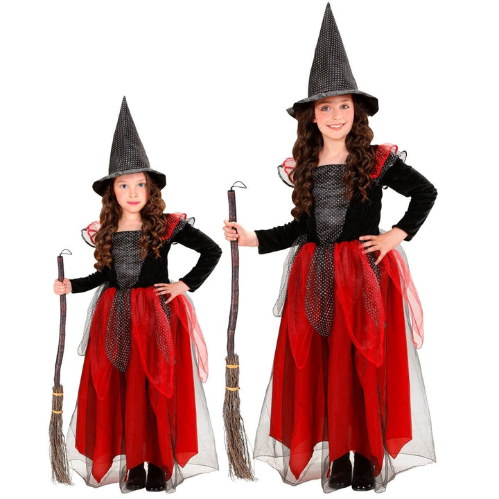 Kinder Hexenkostüm Schwarz Rot | 2-teiliges Halloween Kostüm mit Kleid und Hexenhut für Karneval und Mottopartys