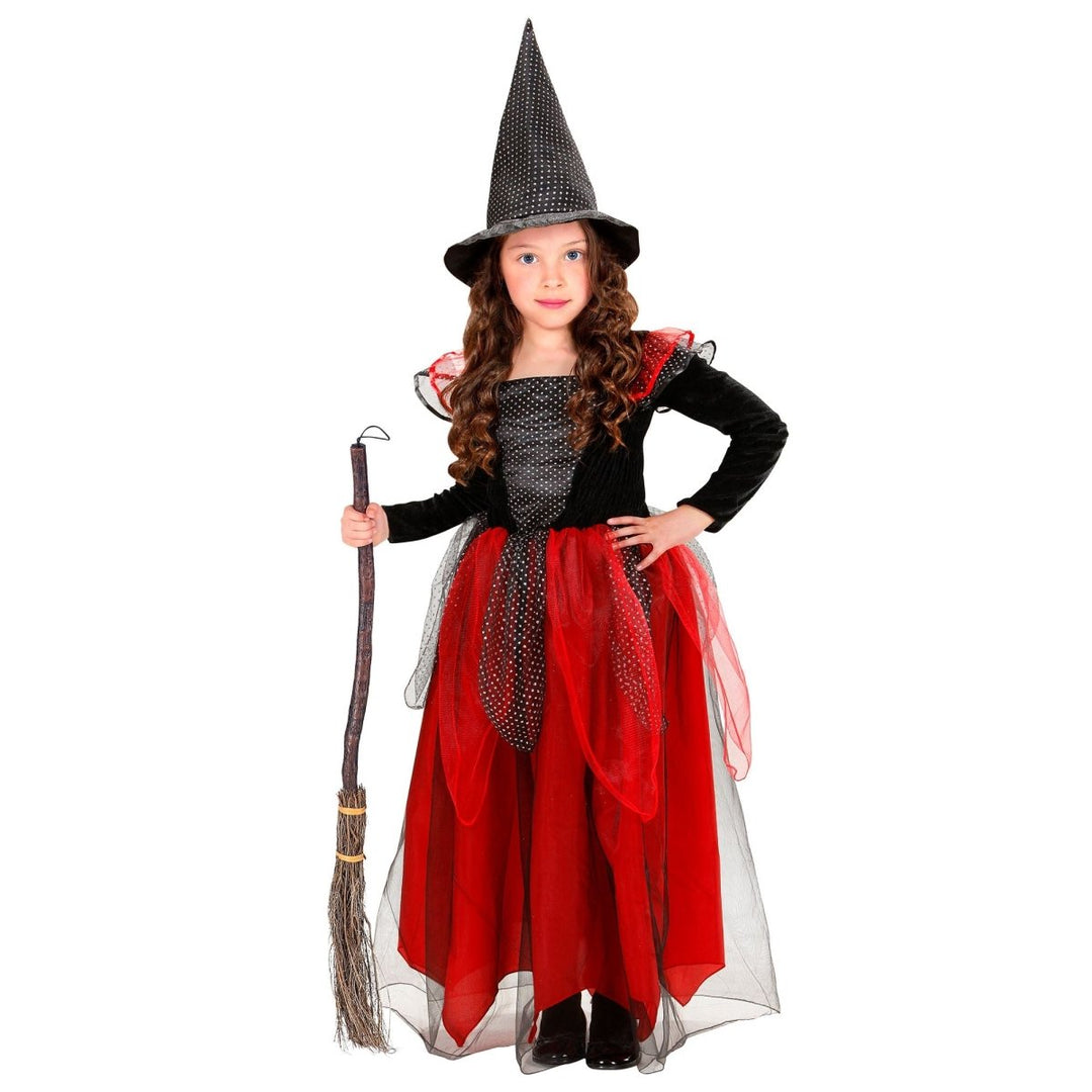 Kinder Hexenkostüm Schwarz Rot | 2-teiliges Halloween Kostüm mit Kleid und Hexenhut für Karneval und Mottopartys
