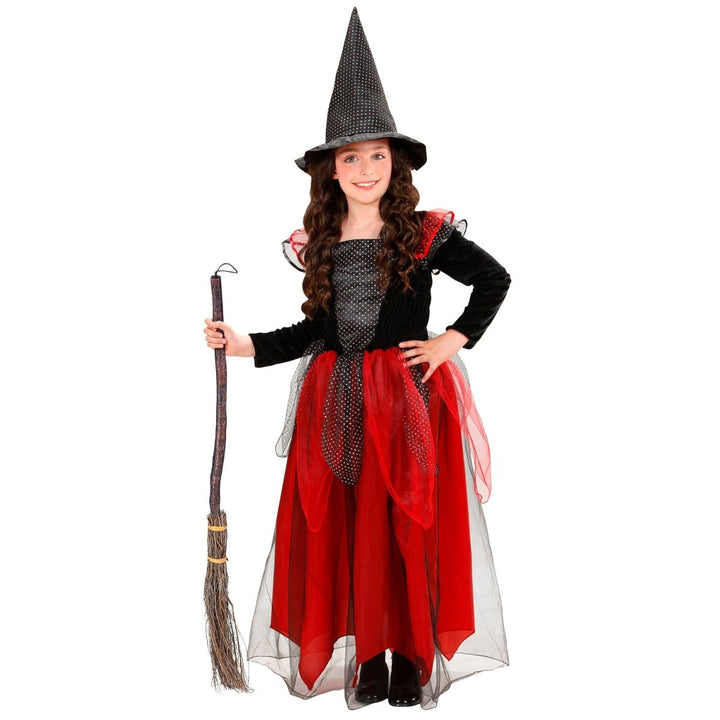 Kinder Hexenkostüm Schwarz Rot | 2-teiliges Halloween Kostüm mit Kleid und Hexenhut für Karneval und Mottopartys