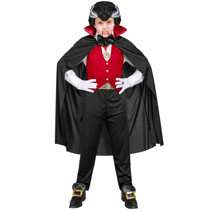 Vampir Kostüm Kinder | Schwarz-rotes Halloween-Kostüm mit Weste, Bund, Fliege und Halskette für Halloween-Partys