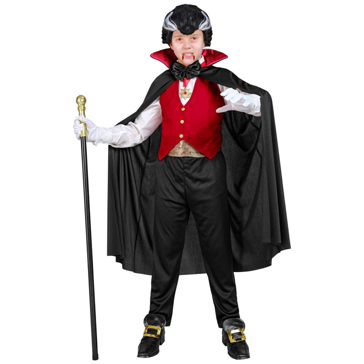 Vampir Kostüm Kinder | Schwarz-rotes Halloween-Kostüm mit Weste, Bund, Fliege und Halskette für Halloween-Partys