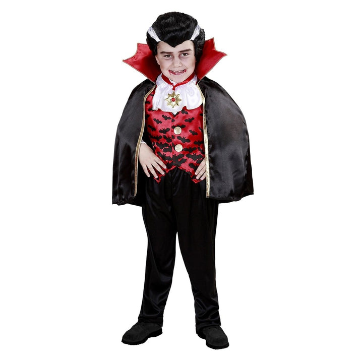 Jungen Vampir Kostüm Schwarz Rot | 3-teiliges Halloween Kostüm mit Weste, Jabot, Hose und Umhang für Mottopartys