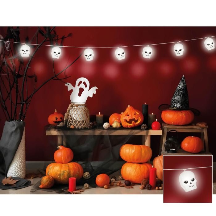 Halloween LED Lichterkette Totenköpfe 1,8 m | Totenkopf Girlande mit Batteriebetrieb für Halloween- und Horrorparty-Deko