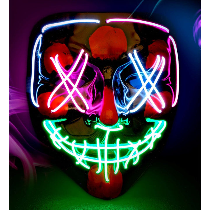 Halloween Maske Schwarz mit Neonlicht | Leuchtende Gruselmaske mit farbigem Licht für Horrorparty, Cosplay und Mottoparty