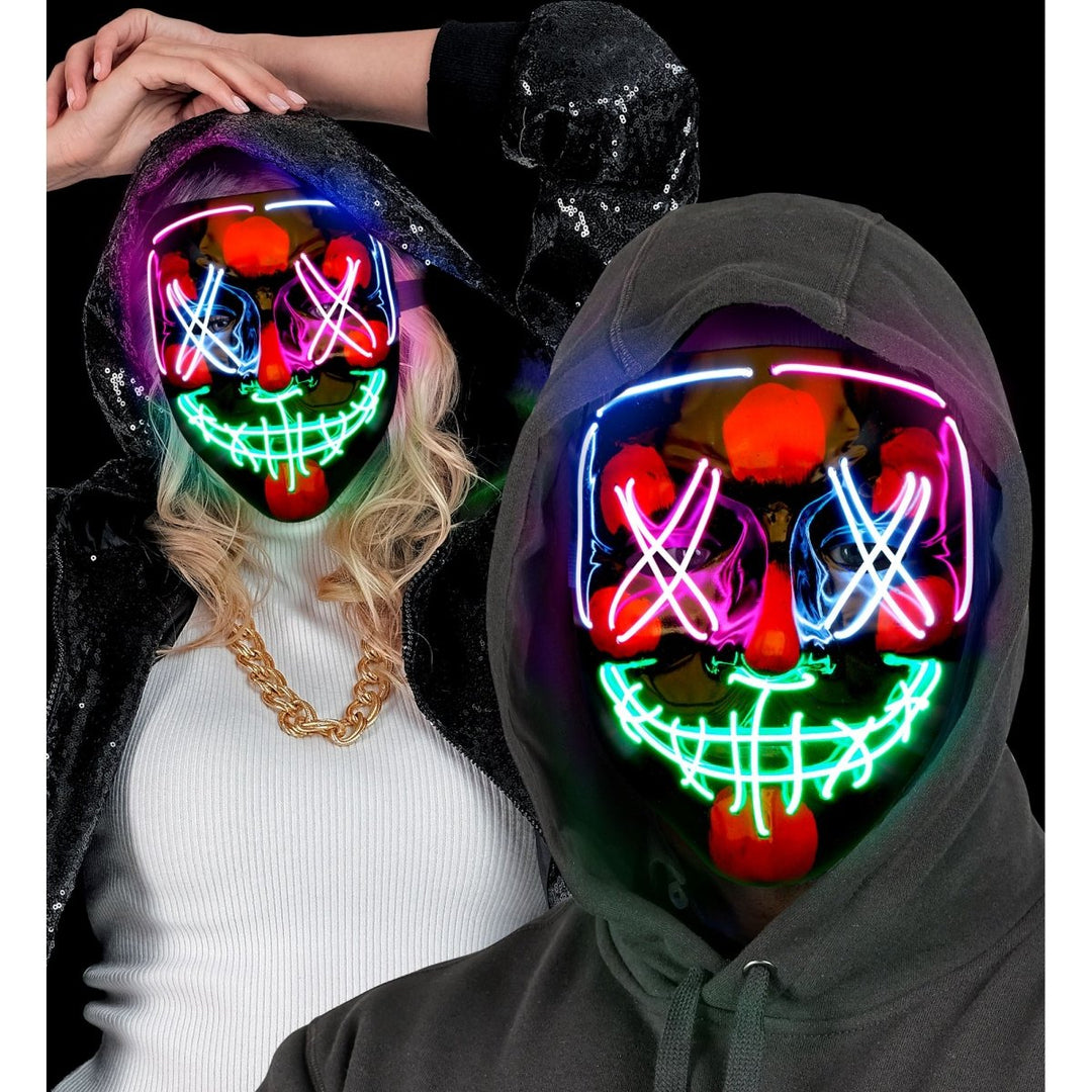 Halloween Maske Schwarz mit Neonlicht | Leuchtende Gruselmaske mit farbigem Licht für Horrorparty, Cosplay und Mottoparty