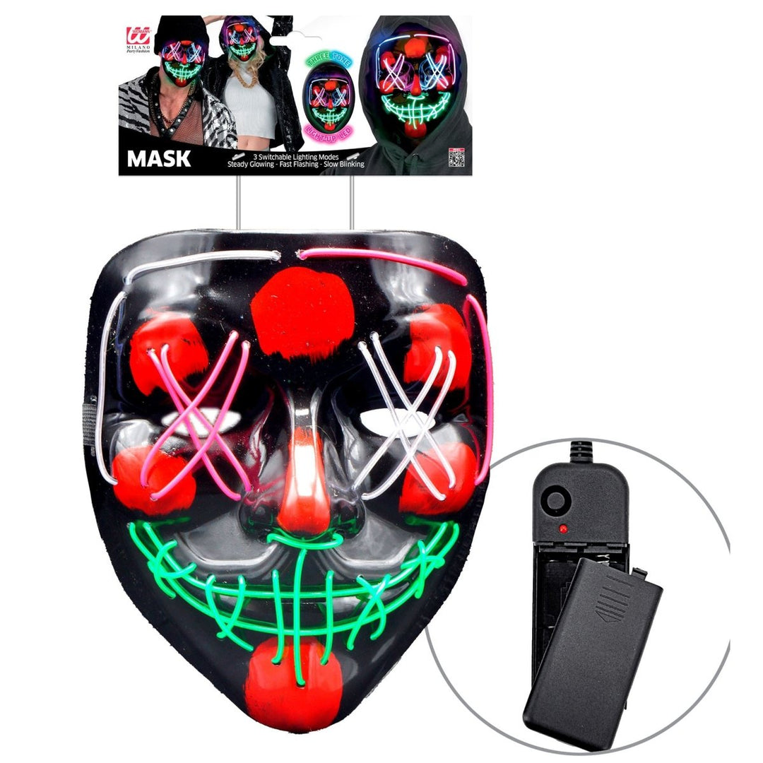 Halloween Maske Schwarz mit Neonlicht | Leuchtende Gruselmaske mit farbigem Licht für Horrorparty, Cosplay und Mottoparty