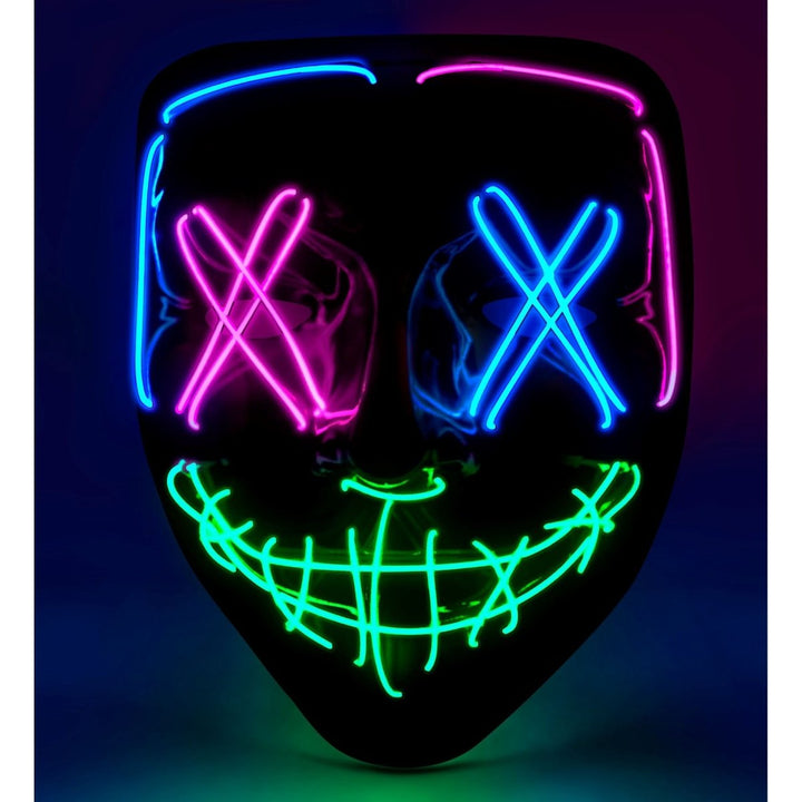 Halloween Maske Schwarz mit Neonlicht | Leuchtende Gruselmaske mit farbigem Licht für Horrorparty, Cosplay und Mottoparty