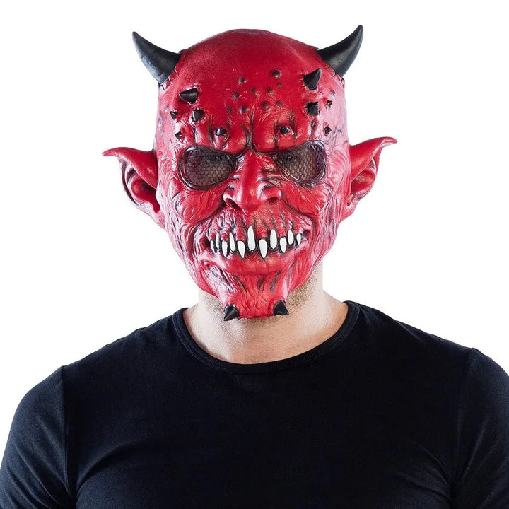 Teufel Maske Halloween | Rote Latex-Kopfmaske mit Hörnern und spitzen Ohren für Horror-Kostüme und Mottopartys