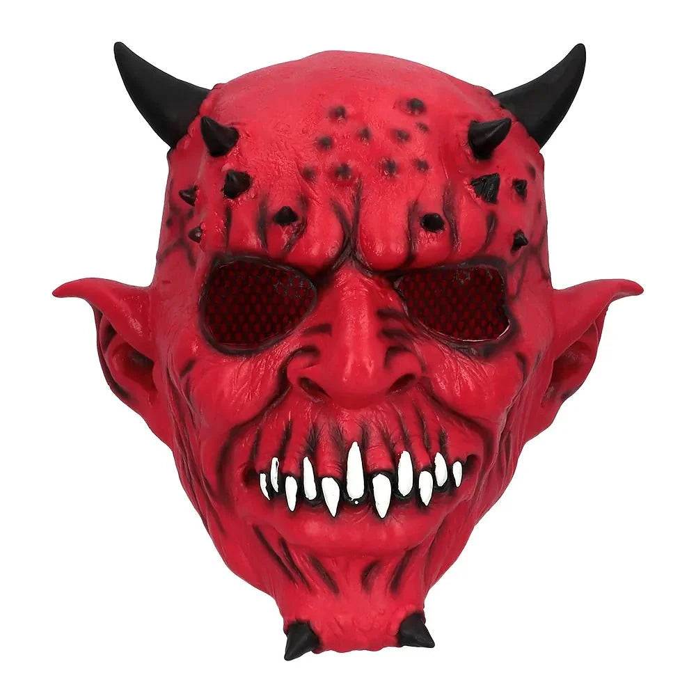 Teufel Maske Halloween | Rote Latex-Kopfmaske mit Hörnern und spitzen Ohren für Horror-Kostüme und Mottopartys