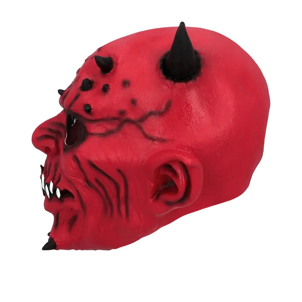 Teufel Maske Halloween | Rote Latex-Kopfmaske mit Hörnern und spitzen Ohren für Horror-Kostüme und Mottopartys