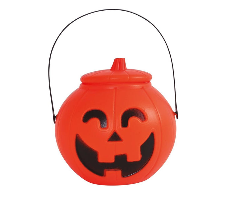 Halloween Kürbis mit Deckel 17 cm | Orange-schwarzer Deko-Kürbis aus Kunststoff für Halloween-Partys
