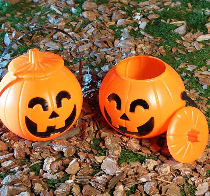 Halloween Kürbis mit Deckel 17 cm | Orange-schwarzer Deko-Kürbis aus Kunststoff für Halloween-Partys